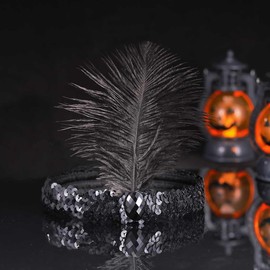 Aularso 1920s Flapper Headband Feather Hair Chain Sequins Head Chain Crown Rhinestone Headpieces Indian Hair Accessories for Women and Girls (Black-A)