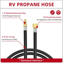 ZODIRISE 12 Ft RV Quick Connect Propane Adapter Hose for RV/Trailer, Connects to Grill, Portable Fire Pit, 3/8 Female Flare Fitting x 1/4 Full Flow Quick-Connect Male Plug