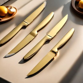 Keiwhsly Serrated Steak Knives Set of 8, Stainless Steel 8.7 Inch Gold Steak Dinner Knives Set for Cutting Meat, Beef, Dishwasher Safe
