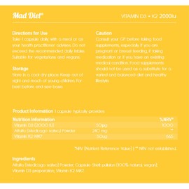 Mad Diet Vegan Vitamin D3+K2 | Zero Additives | Practitioner Quality | 2000IU Capsules | Locally Sourced |60 Capsules - 2 Month Supply | Trusted UK Brand | Immune