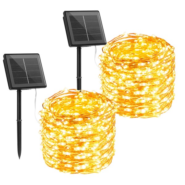 Solar String Lights Outdoor Waterproof, 2 Packs Each 75FT 230 LED Solar Fairy Lights with 8 Light Modes, Solar Powered Firefly Lights Outdoor for Patio Yard Tree Garden Christmas(Warm White)