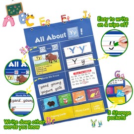Alphabet Learning Pocket Chart, ABC Flash Cards, Alphabet Wall Chart, Letter Tracing & Games for Preschool Kindergarten Homeschool, Classroom Wall Chart Must