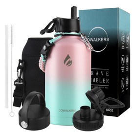 64oz Botella Térmica de Acero Inoxidable de 2 Litros, Termo Grande para Agua Fría de Metal para Mantener Frío, con Pajita y 3 Tapas para Gimnasio, Dep