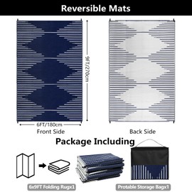 Falflor 180x270cm Plastic Outdoor Rug Waterproof Reversible Rug Lightweight Plastic Picnic Blanket Large Outdoor Floor Mat for Camping RV Patio Deck(Blue)