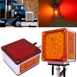 2Pcs Amber / Red Truck Trailer Mark Light 52 LED Square Dual Double Face Fender Stop Turn Signal Tail Lamp Stud Pedestal Lights, Replacement for Volvo Kenworth Peterbilt Freightliner Western Star