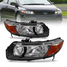 AXLAHA Compatible with 2006 2007 2008 2009 2010 2011 Civic Headlight Assembly for 06-11 Honda Civic 2-Door Coupe Clear Lens Black Housing with Amber Reflector Headlamp Replacement Pair