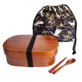KXLCGYK Magewappa Bento Box, Oban, Approx. 23.7 fl oz (700 ml), 1-Tier Mage Wappa Set, Lightweight, Natural Lacquer, Blue Drawstring Bag, Includes Wooden Spoon and Chopsticks for Work or School