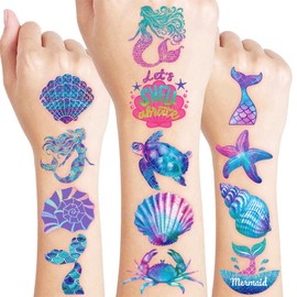 60 PCS Mermaid Ocean Sea Pre-Cut Temporary Tattoos for Kids | Super Cute Themed Birthday Party Favors, Supplies, Decorations, Purple Fake Tattoo Stickers, School Rewards Prizes & Gifts Boys & Girls