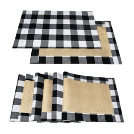 Senneny Set of 6 Christmas Placemats Buffalo Check Placemats Black White Plaid Reversible Burlap & Cotton Place mat for Christmas Holiday Table Home Decoration