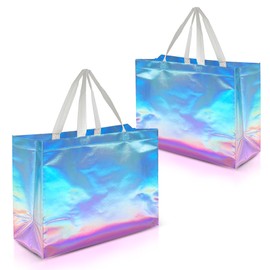 Nush Nush Christmas Gift Bags Large Size – 12 Festive Reusable Gift Bags With Holographic Santa Design - Christmas Bags, Goodie Bags, Party Favor Bags - 13x5x11 Large Size