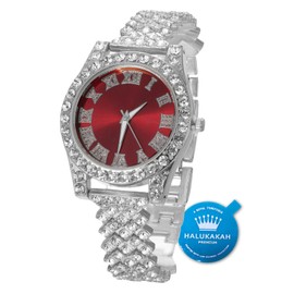 Halukakah Diamonds Gold Watch Iced Out,Women's Platinum White Gold Plated 36MM Width Red Dial Quartz Wristband 8",Free Giftbox