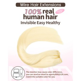 AGMITY Human Hair Wire Hair Extensions Bleach Blonde 100Gram Hidden Removable Thick Straight with Transparent Fish Line Remy Wire Hair Extensions for Women(20 Inch #613 Bleach Blonde)
