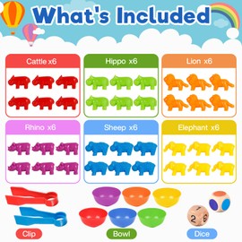 ZHHGOO Montessori Toy from 2-5 Years, 47 Pieces Montessori Wild Animals Toy, Maths Learning Toy with Matching Sorting Cups and Tweezers, Toy Gifts for Boys and Girls