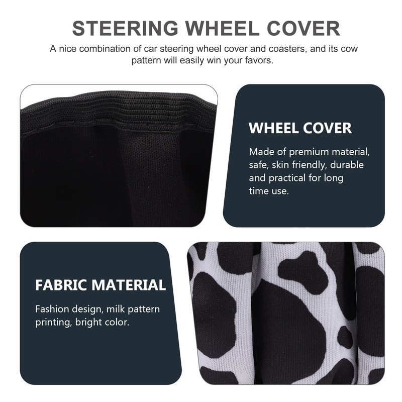 GRIRIW 1Set Cow Pattern Steering Wheel Cover Coaster Easy to
