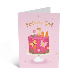 CENTRAL 23 Seventh Birthday Card for Girls - Happy 7th Birthday Card - Age 7 - Seven Year Old - Pink Butterfly for Kids - Daughter - Granddaughter - Comes With Fun Stickers
