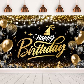 Black and Gold Happy Birthday Backdrop Black Gold Birthday Photography Background for Women Men Birthday Party Indoor Outdoor Decoration Supplies