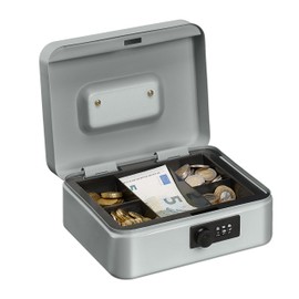 Relaxdays Cash Box, 3-Digit Number Combination, Coin Insert, Iron Money Box, Cash Box, HBT 8.5 x 20 x 17 cm, Silver