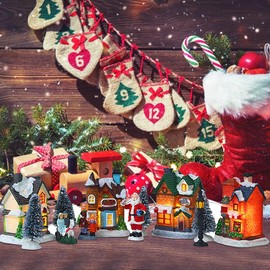 Aqur2020 Decoración de Centro de Mesa de Pueblo Navideño, Casas en Miniatura Iluminadas con LED, Conjunto de Pueblo Navideño y Conjunto de Figuritas