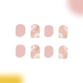 Flowers Press on Nails Square Short Fake Nails French Tip False Nails Nude Glossy Full Cover Acrylic Nails Summer Glue on Nails Cute Artificial Stick on Nails for Women Manicure 24 Pcs