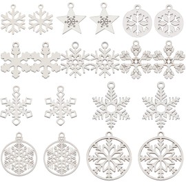 SUNNYCLUE 1 Box of 20 Snowflake Charms, Snow Charms, Winter Stainless Steel, Double-Sided Hollow Charms, Star, Flat, Round, Christmas Charms for Jewellery Making, Charm, DIY Necklace, Earrings, Crafts