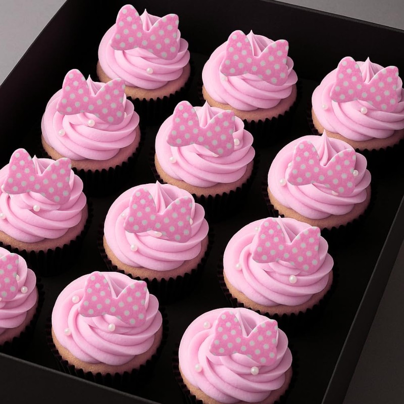 Pink Polka Dot Edile Bows for Cake and Cupcakes -24ct