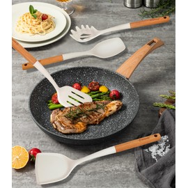 Silicone Cooking Utensils Set, 10Pcs Nonstick Kitchen Utensil Set with Wooden Handle, Heat Resistant Silicone Utensils for Cooking, BPA Free Spatula Set with Turners Spoon Ladle Skimmer(White)