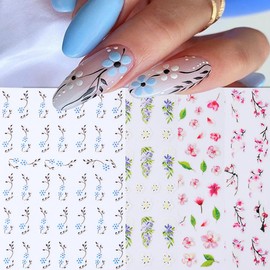 4 Sheets Flower Nail Stickers Decals 3D Self-Adhesive Nail Decals Spring Floral Nail Art Supplies Cherry Blossoms Plum Bossom Daisy Design Manicure Tips Nail Decor Accessories for Women Girls