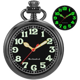 Pocket Watch Alloy Hand Wind Mechanical Pocket Watches Men Arabic Numerals Steampunk with Chain&Box(Black)
