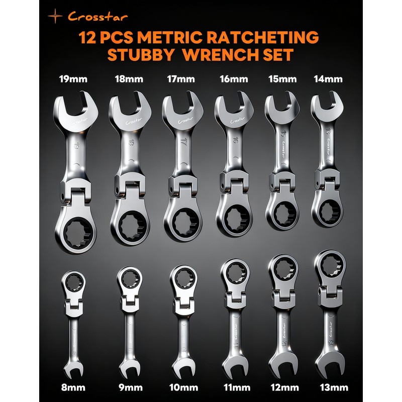 Crosstar 12Pcs 8-19mm Stubby Flex-Head Ratcheting Wrench Set, Metric