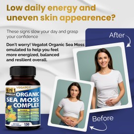 Organic Sea Moss with Bladderwrack, Burdock, Ashwagandha, and Turmeric - Immunity Booster for Healthy Aging, Skin & Joint Support- Made in The USA (150 Count (Pack of 1))