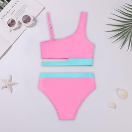 Girls 2 Piece Bathing Suits Kids Color-Blocking High Waist Bikini Set Teen Swimsuit Beach Swimwear for 3-10 Years Light Pink