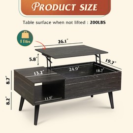 WLIVE Coffee Table for Living Room, Lift Top Coffee Table with Storage, Small Rising Wooden Dining Center Table with Storage Shelf & Hidden Compartment, 39" Black Oak