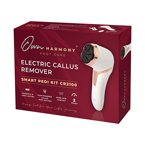 Own Harmony Electric Hard Skin Remover with Vacuum Absorption- Professional Pedicure Tools for Pedi Callus Foot Care - 3 Rollers Electronic Feet File CR2100 - Best for Dry, Cracked Heels (USB Cord)