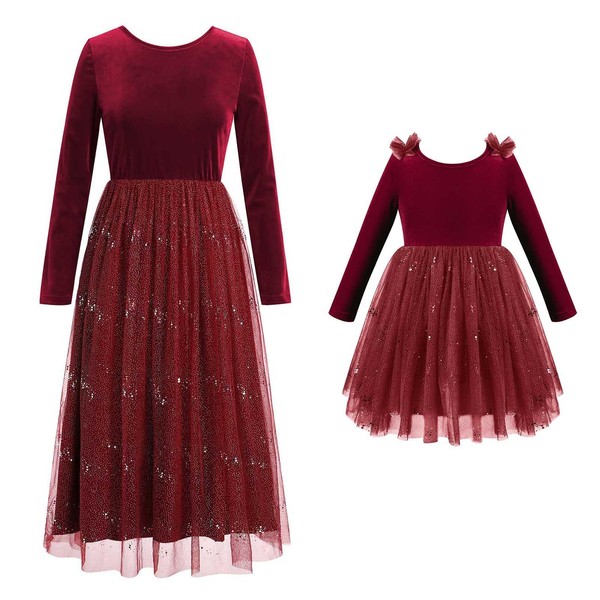 Mommy and Me Christmas Dresses Long Sleeve Sparkle Glitters Layered