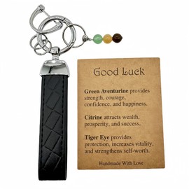 Maiduoduo Natural Crystals Gift for New Beginnings Women's Leather Wristband Keychain Crystal Leather Keychain for Good Luck (Good Luck, Black, Short)