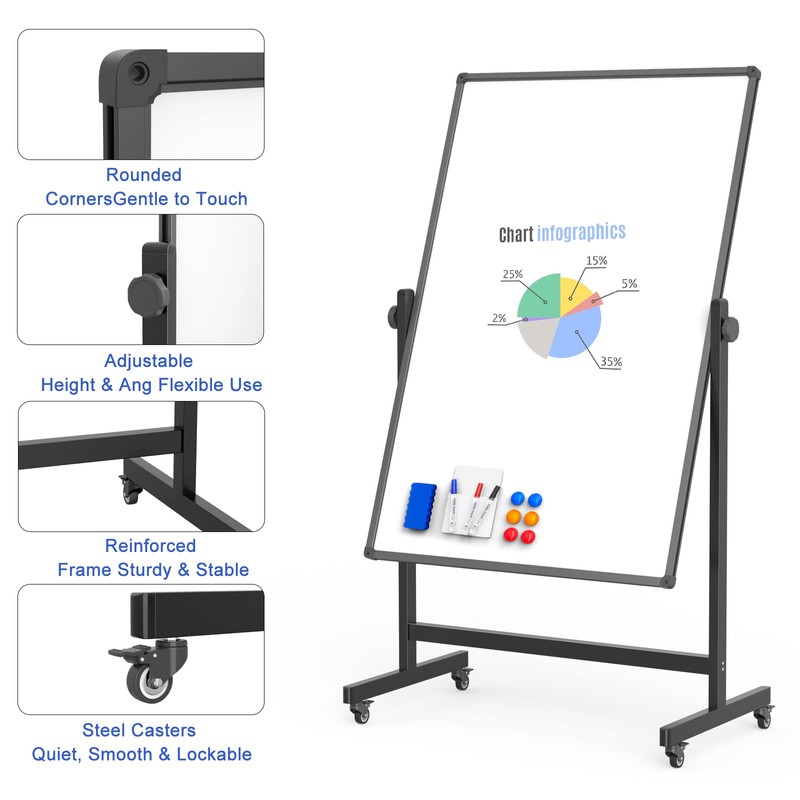 Rolling Whiteboard on Wheels, Double-Sided Magnetic Dry Erase Board with