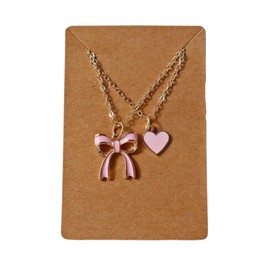Pink Bow and Heart Charm Necklace Set, Silver Chain, 2 Pendants