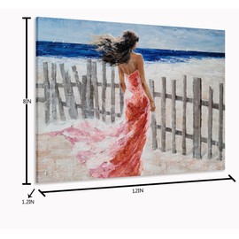 NdcSkyArt Beach Canvas Wall Art - Beautiful Lady, Fence, Coastal Pictures - Hand Painted Seaview Artwork for Living Room, Bedroom, and Bathroom