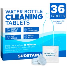 Sudstainables Water Bottle Cleaning Tablets – 36-Pack | Chlorine-Free & Odor-Control Formula | Water Bottle Cleaner, Flasks, Hydration Packs & Travel Mugs | Washer Tablets for Home, Hiking & Camping