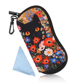 PERFECTSIGHT Kawaii Glasses Case, Neoprene Zipper Eyeglass Case with Clip, Soft Sunglasses Travel Pouch for Women Men Kids (Orange Flower Cat)