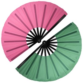 QIRMIZI 2 PCS Large Rave Fan Folding Clack Popping Line Dancing Fans Boots On The Ground Fans, Hand Fans for Halloween, Burlesque, Rainbow Outfits,Deep Pink,Green