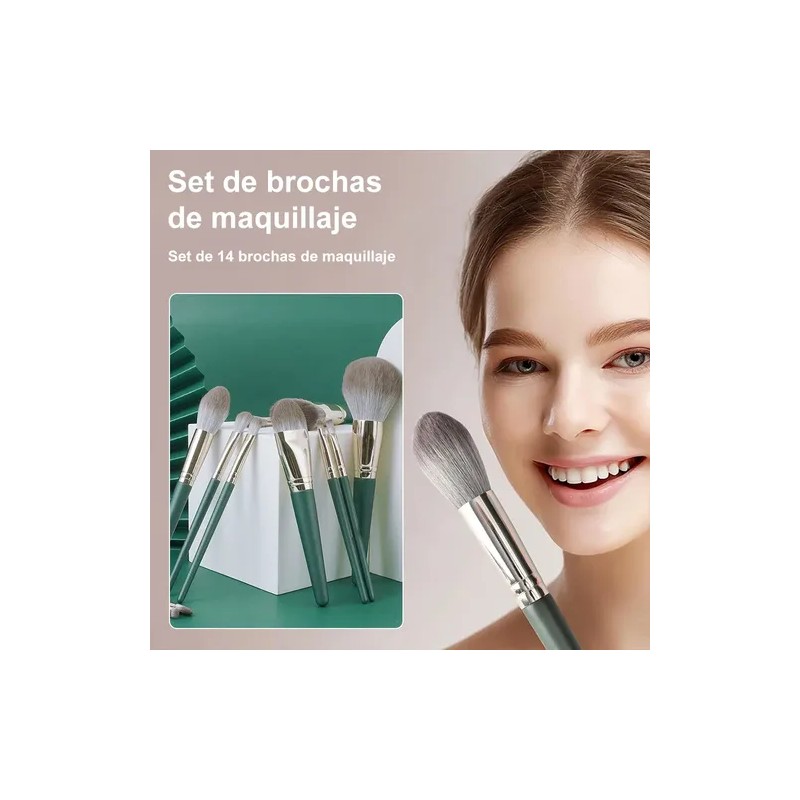 Set Brochas De Maquillaje 14 Piezas Profesional Y Verde