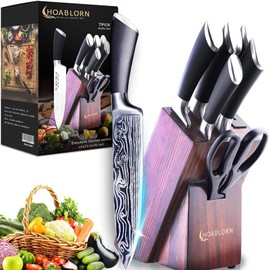 Knife Set, 7-Piece Kitchen Knives Set with Block Professional Stainless Steel Knives Set for Kitchen Damascus Knives Set with Built-in Knife Sharpener for Chef's Family