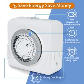 C-GLNKY 24-Hour Mechanical Timer for Electrical Outlets, Dual 3-Prong Outlets, 30-Minute Intervals, for Room Lights and Home appliances, 125V 15A, ETL Certified