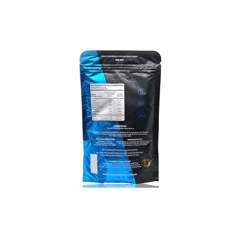 Creatina Beta Alanina 180 g Sin sabor Pure Health.
