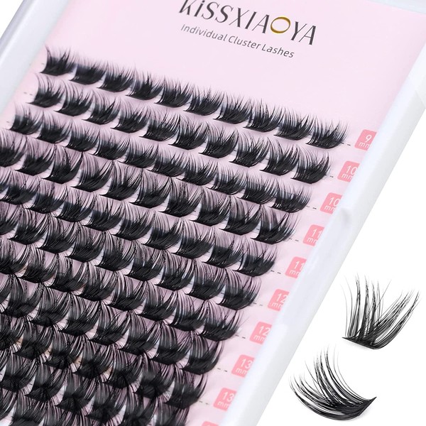 KISSXIAOYA Cluster Eyelash Extensions, Pack of 120 D Curl Mix 9-15 mm Length Wide-Stem Eyelashes, DIY Individual Eyelash Extensions at Home, Natural & Soft (Mix 9-15 mm, 120 Pieces D Curl)