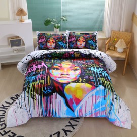 Suncloris African American Black Girl Comforter Set for Kids and Teens, Queen Size Colorfull Graffiti Style African Themed Bedding Comforter with 2 Afro Hair Magic Girls Pillowcases- 90" x 90"