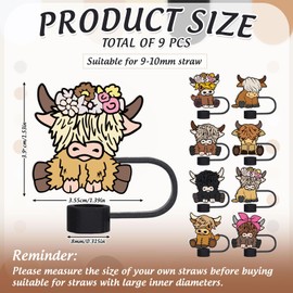 Whaline 9Pcs Acrylic Straw Covers Highland Cow Reusable Straw Topper Caps Cute Patterned Straw Tip Covers 0.3 Inch for 30 & 40 OZ Tumbler with Handle