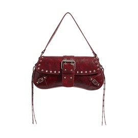 Verdusa Women's Shoulder Bag Y2K Handbag Rivet Punk Hobo Purse with Buckle Burgundy One-Size