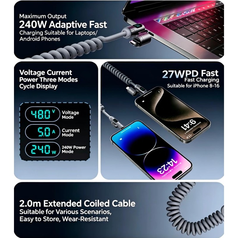 240W 4-in-1 Coiled Fast Charging Cable with LED Display, USB-A
